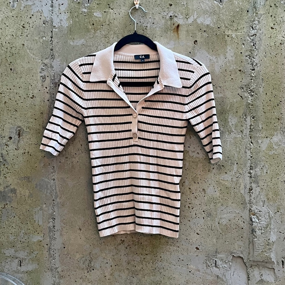 ✨3 for $50✨ Striped Ribbed Shirt by C&A, Cream and Black, Medium